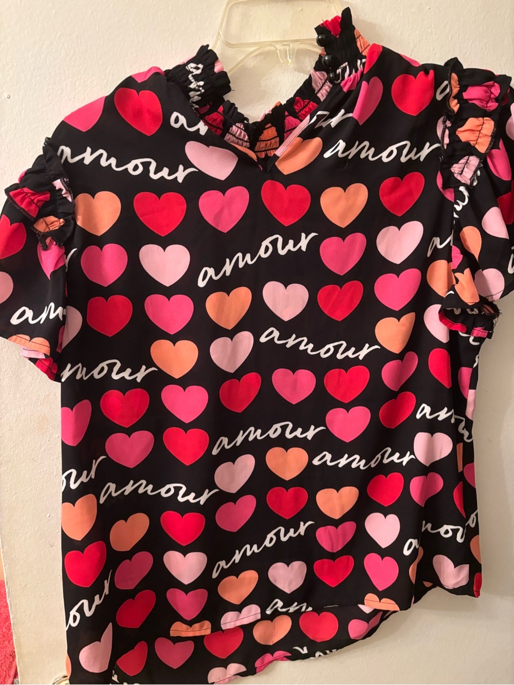 New York & Company Black Top with Red, Pink and Peach Heart Print
